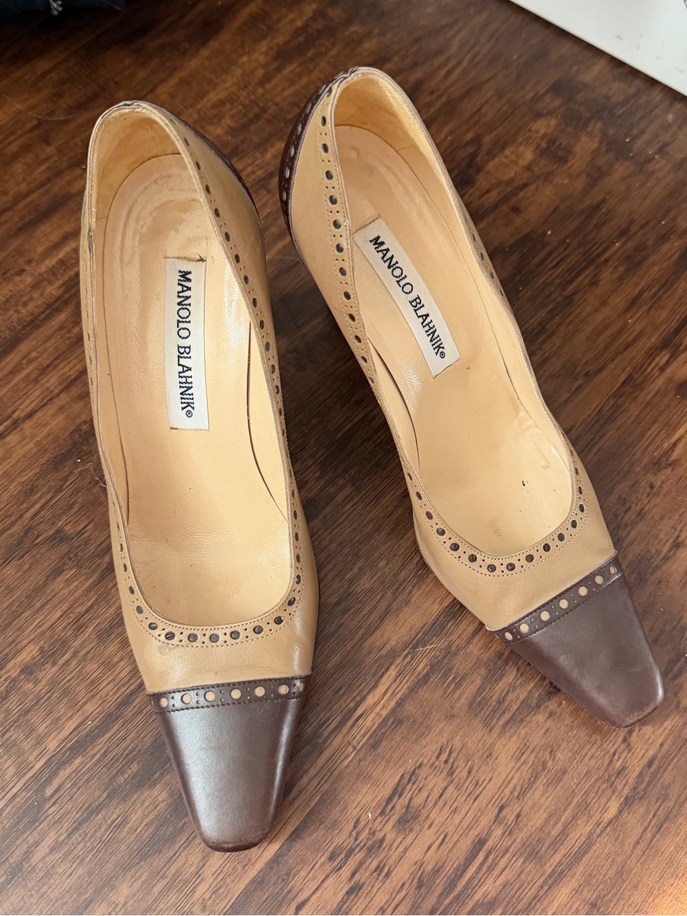 Manolo Blahnik Two-Tone Tan and Brown Leather Pumps